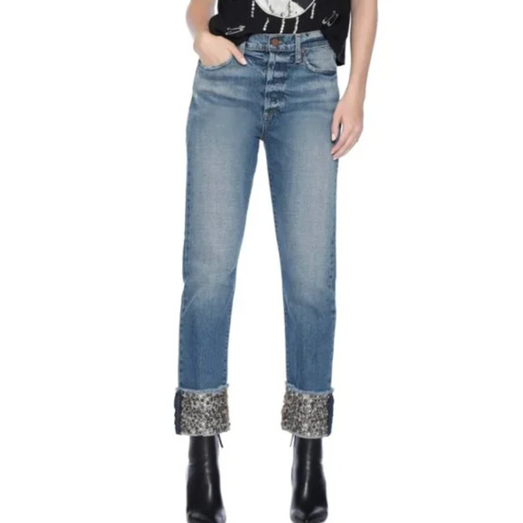 A.O. LA Alice + Olivia High Rise Girlfriend Sequin Studded Cuff Jeans 24 - Picture 1 of 7